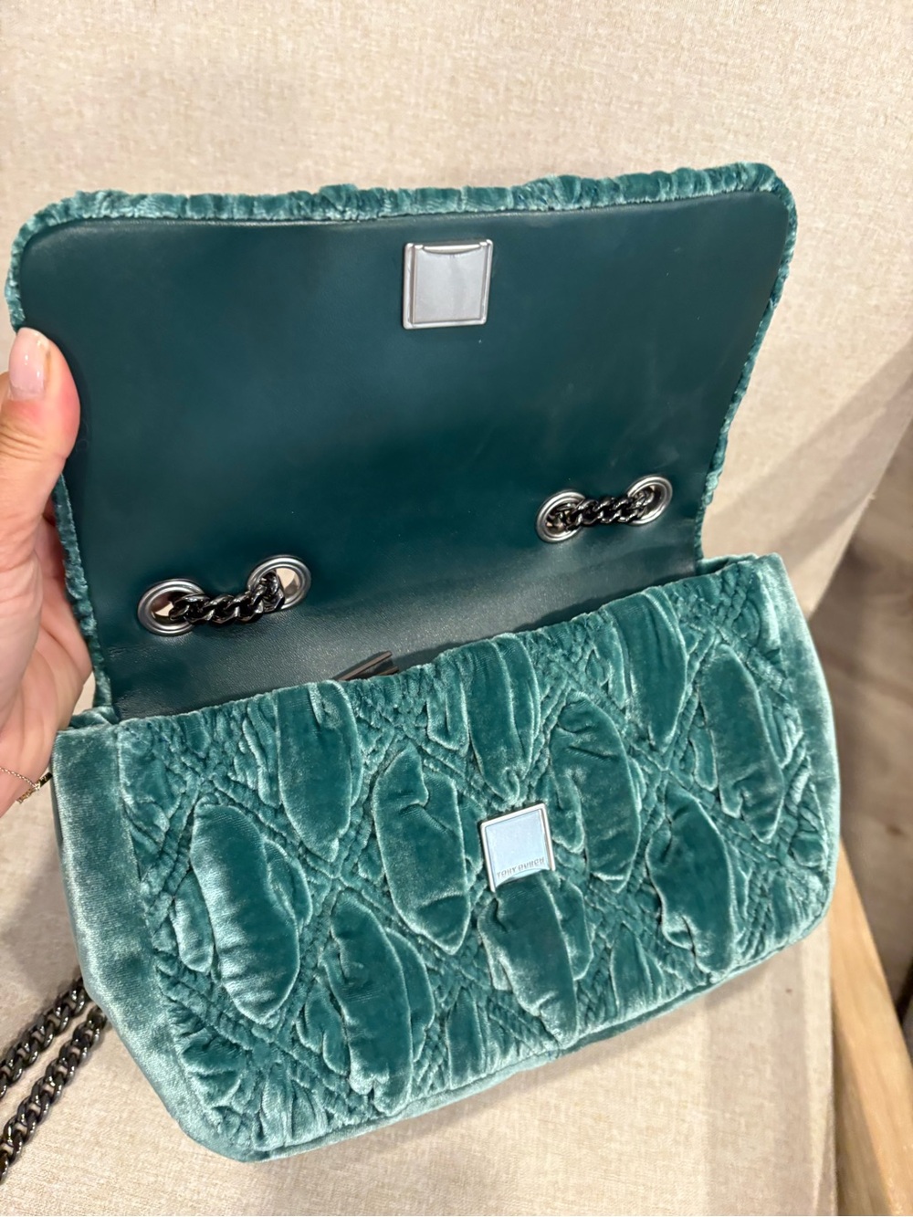 Tory Burch Velvet-Trim Teal Shoulder Bag - Picture 4 of 6